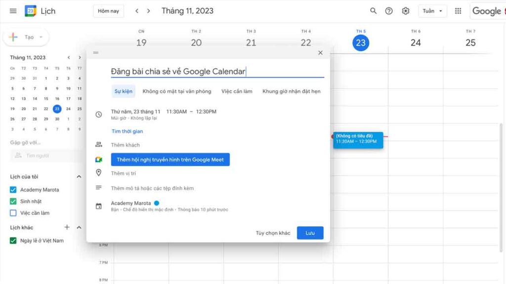 Lich Google Calendar (gg calendar)